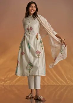 Off White Block Print Chanderi Anarkali With Gotta Lace Neckline And Dupatta
