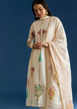 Off White Block Print Chanderi Anarkali With Gotta Lace Neckline And Dupatta