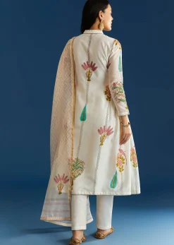 Off White Block Print Chanderi Anarkali With Gotta Lace Neckline And Dupatta