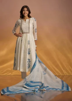 Off White Block Print Chanderi Anarkali With Zardosi Yoke And Block Print Dupatta