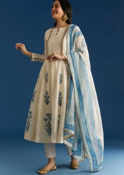 Off White Block Print Chanderi Anarkali With Zardosi Yoke And Block Print Dupatta