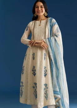 Off White Block Print Chanderi Anarkali With Zardosi Yoke And Block Print Dupatta