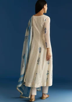 Off White Block Print Chanderi Anarkali With Zardosi Yoke And Block Print Dupatta