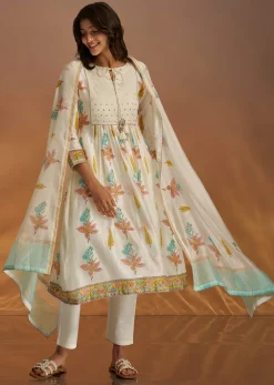 Off White Block Print Chanderi Anarkali And Dupatta Set With Gotta Lace Detailing
