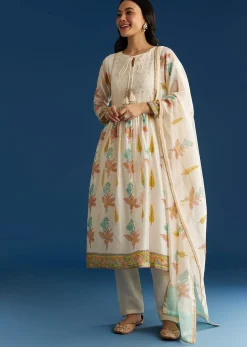 Off White Block Print Chanderi Anarkali And Dupatta Set With Gotta Lace Detailing