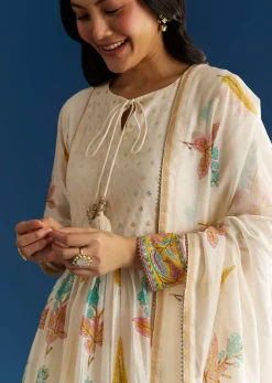 Off White Block Print Chanderi Anarkali And Dupatta Set With Gotta Lace Detailing
