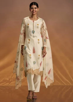 Off White Block Print Kurta And Dupatta Set In Mull Chanderi
