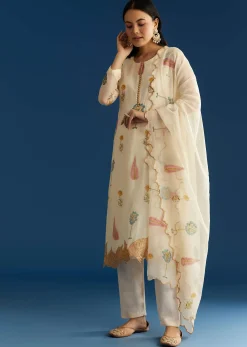 Off White Block Print Kurta And Dupatta Set In Mull Chanderi
