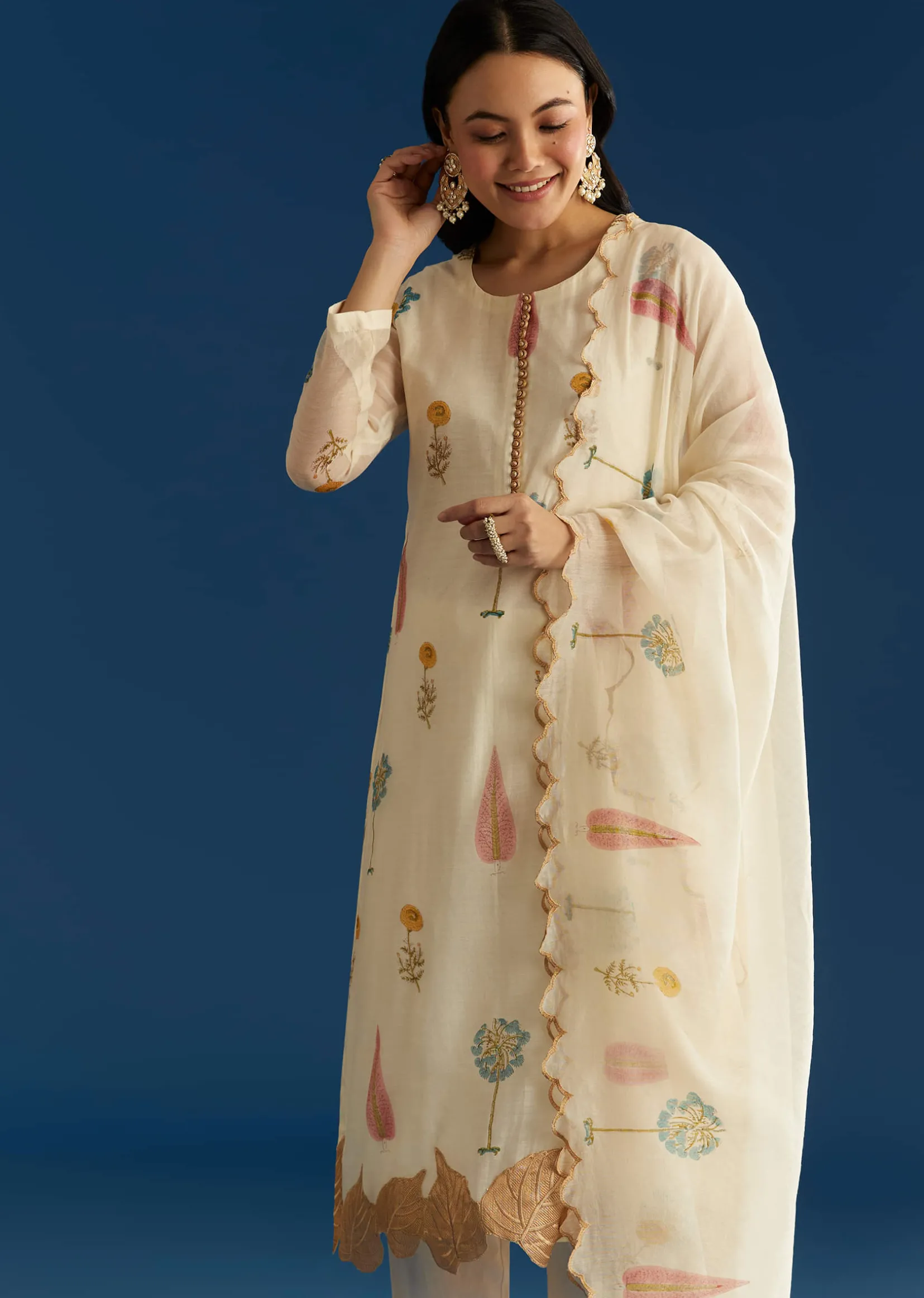 Off White Block Print Kurta And Dupatta Set In Mull Chanderi