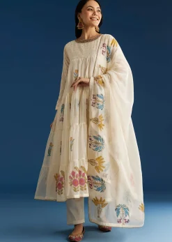 Off White Block Print Mull Chanderi Anarkali Set With Block Print Dupatta