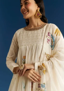 Off White Block Print Mull Chanderi Anarkali Set With Block Print Dupatta