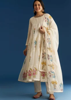 Off White Block Print Mull Chanderi Anarkali Set With Block Print Dupatta