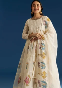 Off White Block Print Mull Chanderi Anarkali Set With Block Print Dupatta