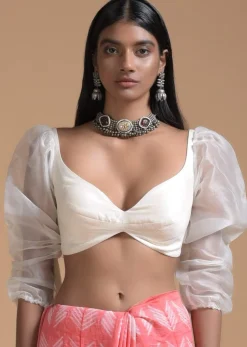 Off White Blouse In Raw Silk With Fancy Puffed Organza Sleeves And Sweetheart Neckline