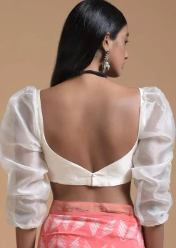 Off White Blouse In Raw Silk With Fancy Puffed Organza Sleeves And Sweetheart Neckline