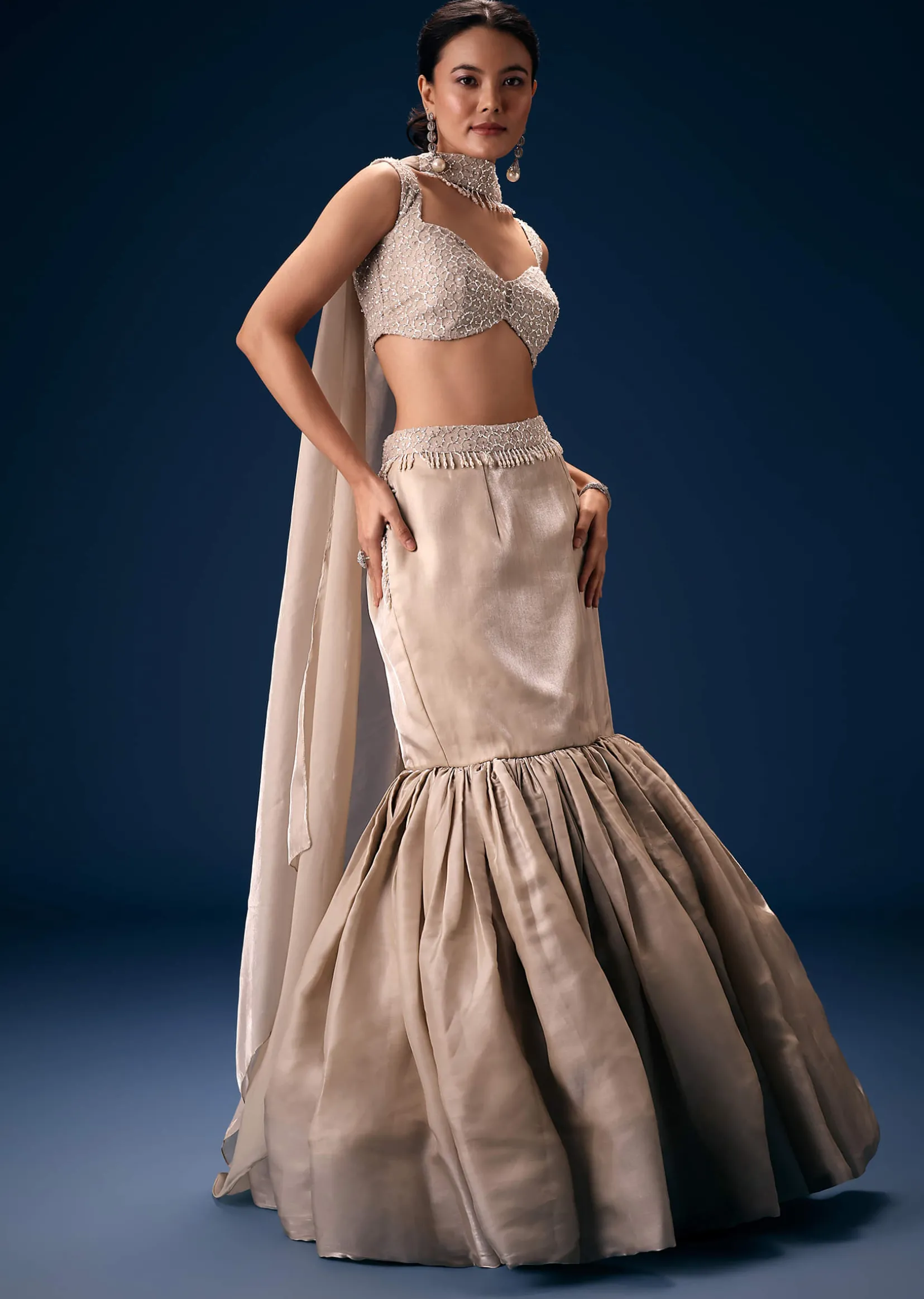 Off White Blouse With Fishcut Lehenga And Choker Dupatta