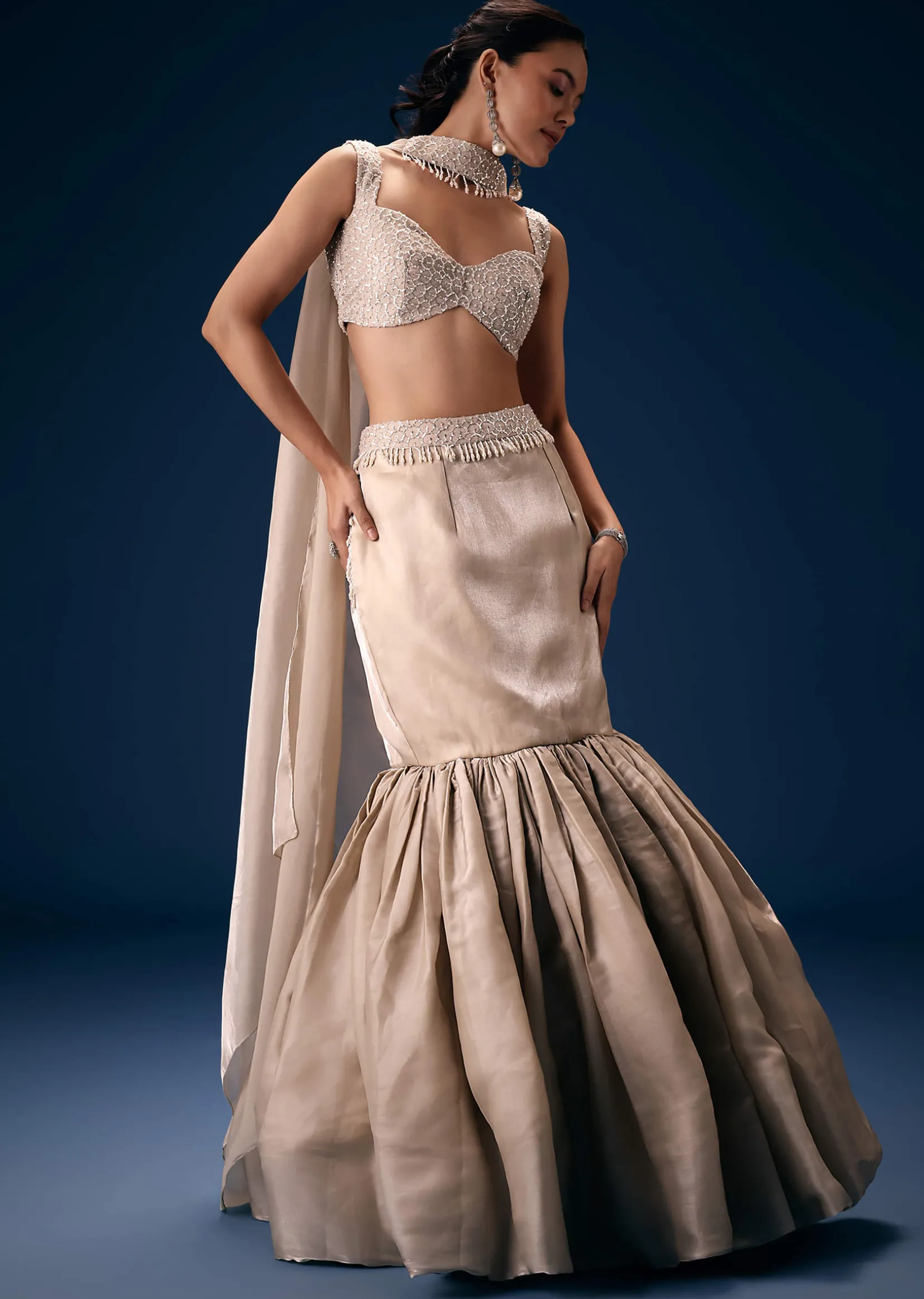 Off White Blouse With Fishcut Lehenga And Choker Dupatta