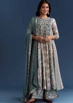 Off White Blue Muslin Anarkali With Print Detail