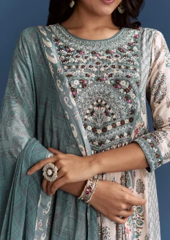 Off White Blue Muslin Anarkali With Print Detail