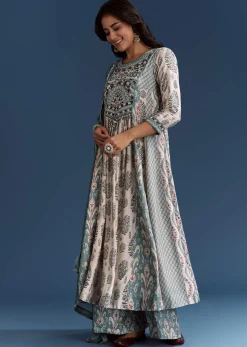 Off White Blue Muslin Anarkali With Print Detail