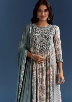 Off White Blue Muslin Anarkali With Print Detail