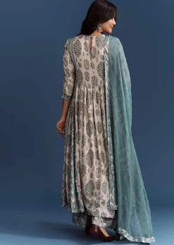 Off White Blue Muslin Anarkali With Print Detail