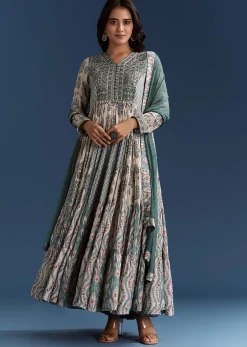 Off White Blue Printed Muslin Anarkali With Dupatta