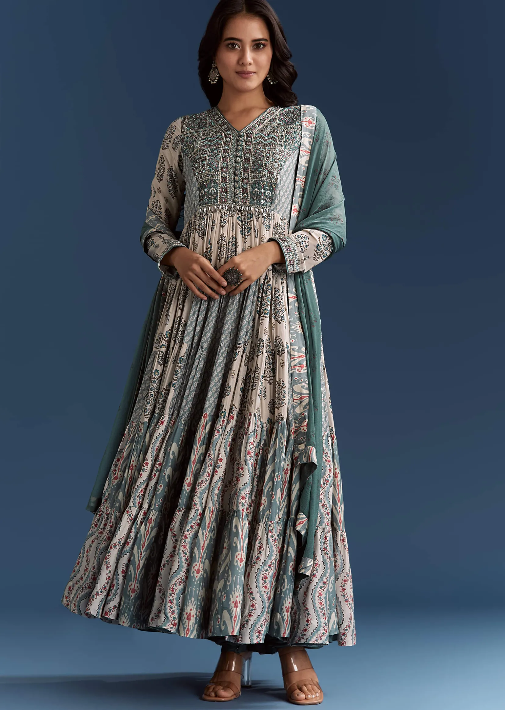 Off White Blue Printed Muslin Anarkali With Dupatta