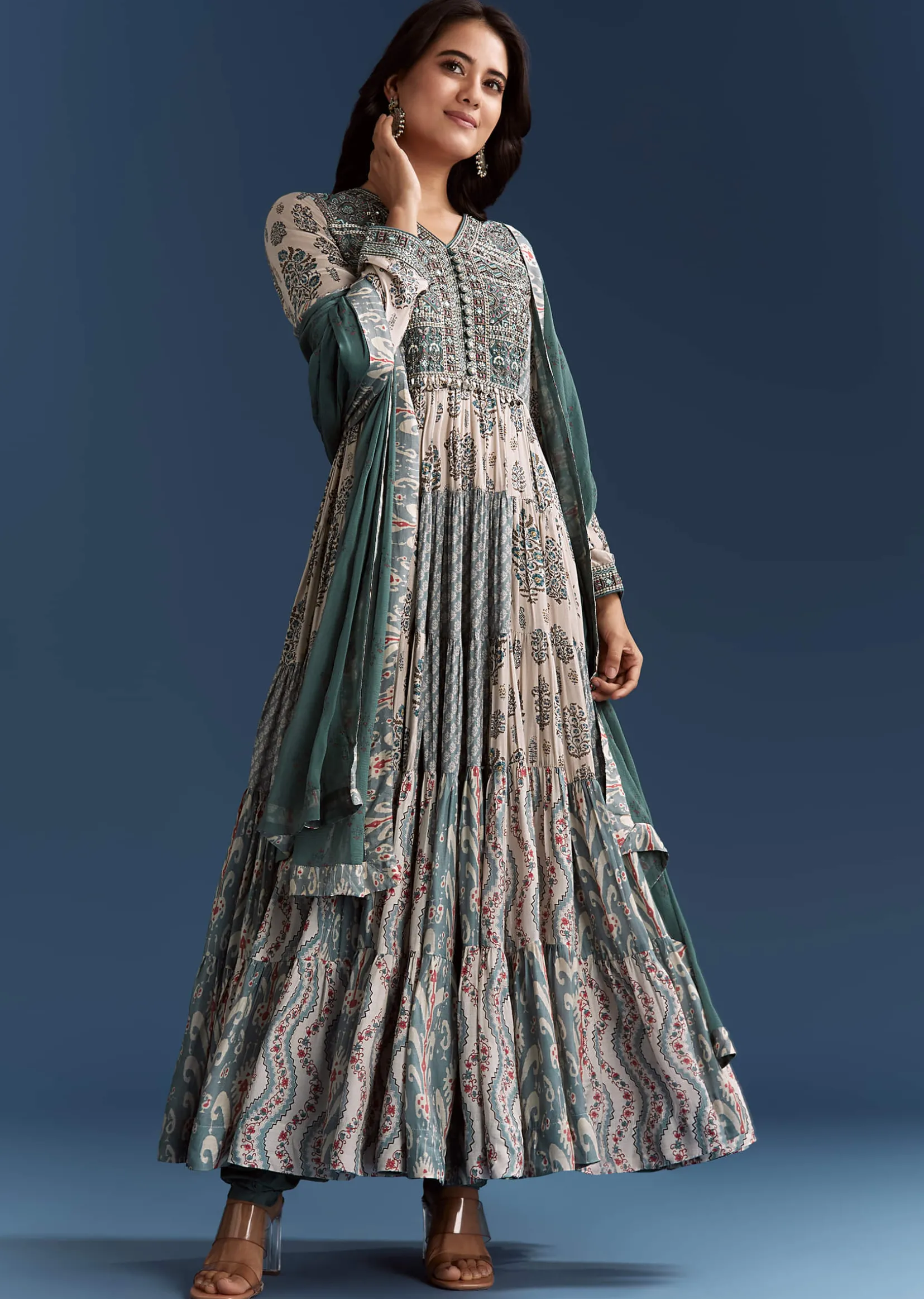 Off White Blue Printed Muslin Anarkali With Dupatta