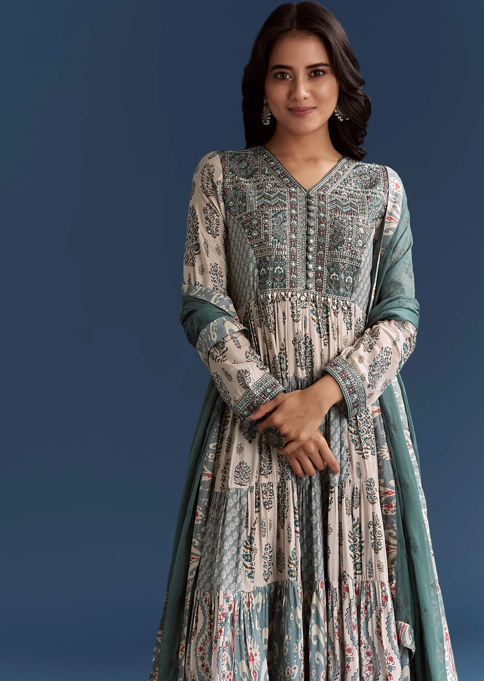 Off White Blue Printed Muslin Anarkali With Dupatta