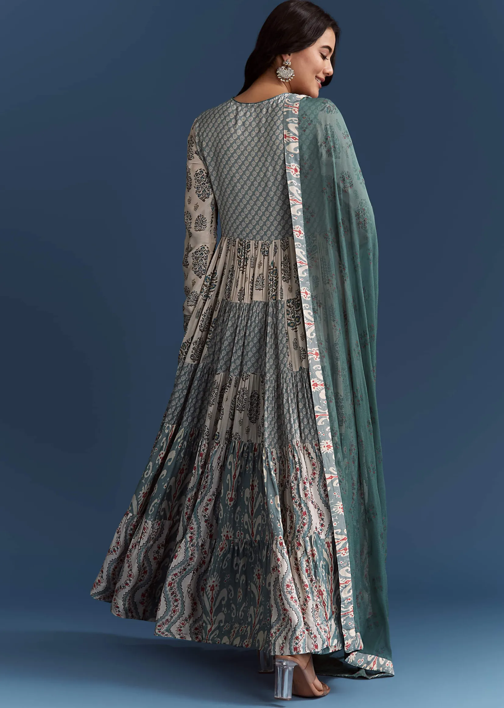 Off White Blue Printed Muslin Anarkali With Dupatta