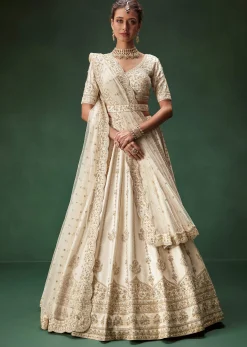 Off White Bridal Lehenga Set With Boat Neck Blouse And Regal Zari Work