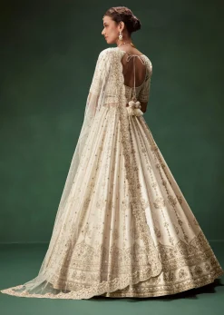 Off White Bridal Lehenga Set With Boat Neck Blouse And Regal Zari Work