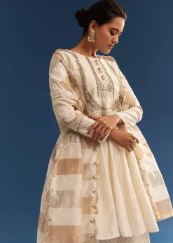 Off White Chanderi Layered Kurta Set With Banarasi Tissue Dupatta
