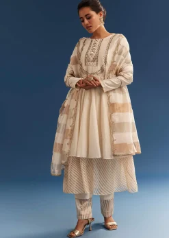 Off White Chanderi Layered Kurta Set With Banarasi Tissue Dupatta
