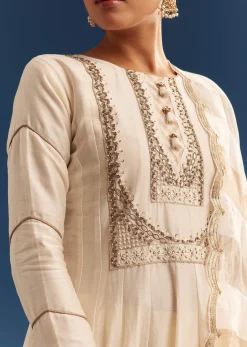 Off White Chanderi Layered Kurta Set With Banarasi Tissue Dupatta