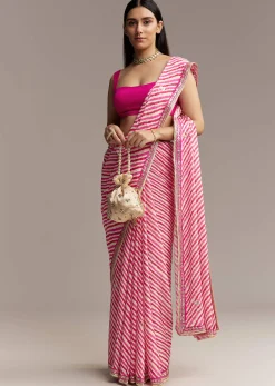 Off White Chinnon Saree With Pink Striped Print And Gota Detailing