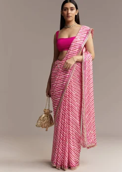 Off White Chinnon Saree With Pink Striped Print And Gota Detailing
