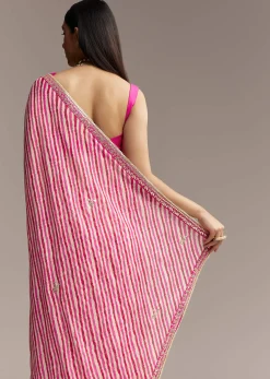 Off White Chinnon Saree With Pink Striped Print And Gota Detailing