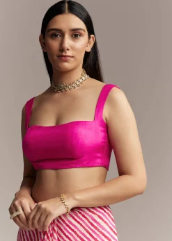 Off White Chinnon Saree With Pink Striped Print And Gota Detailing
