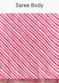 Off White Chinnon Saree With Pink Striped Print And Gota Detailing