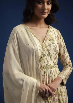 Off White Chinon Anarkali With Dupatta