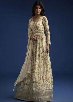 Off White Chinon Anarkali With Dupatta