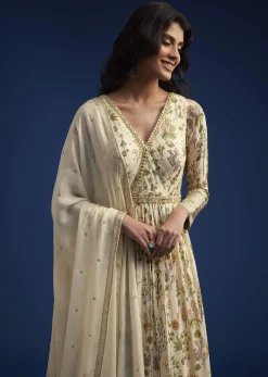 Off White Chinon Anarkali With Dupatta