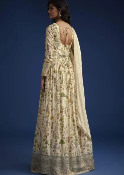 Off White Chinon Anarkali With Dupatta