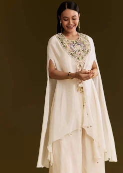 Off White Chinon Cape Suit With Zardosi And Moti Embroidery