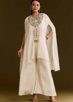 Off White Chinon Cape Suit With Zardosi And Moti Embroidery