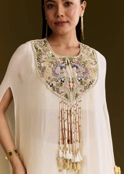 Off White Chinon Cape Suit With Zardosi And Moti Embroidery