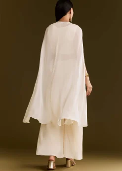 Off White Chinon Cape Suit With Zardosi And Moti Embroidery