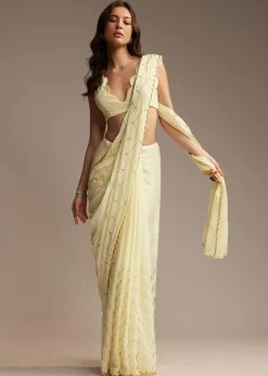 Off White Chinon Saree with Cutdana and Stone Work